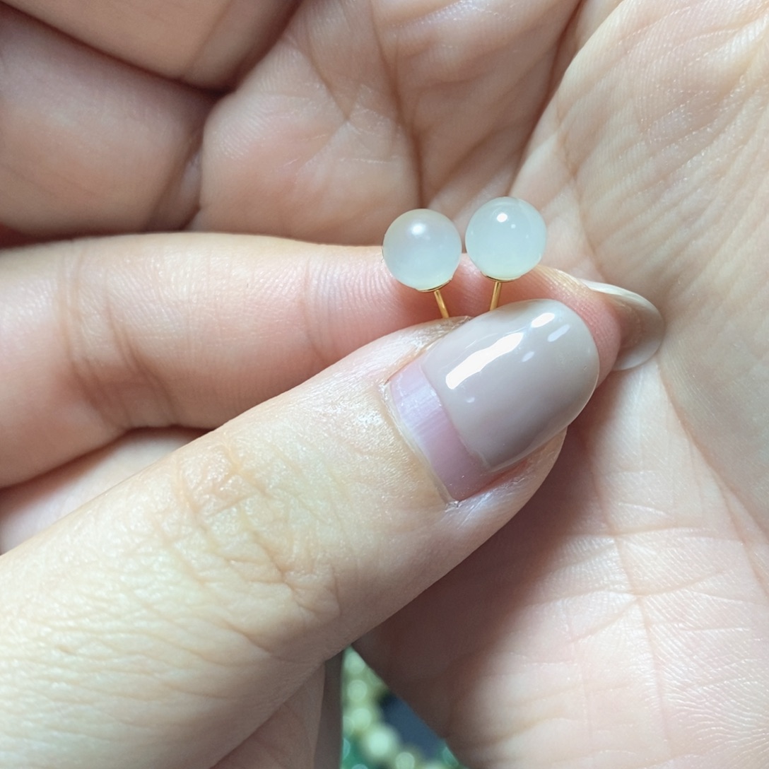 银S925镶嵌和田玉耳钉小灯泡圆珠卡6mm