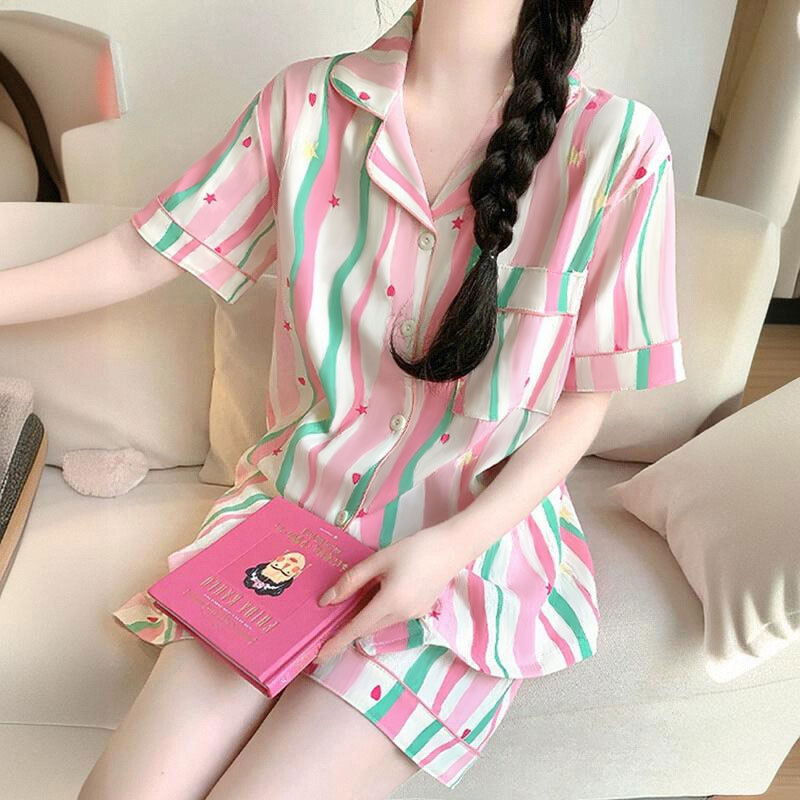 Baldauren多巴胺粉色条纹睡衣女夏天薄款仿棉短质袖套装甜美网红