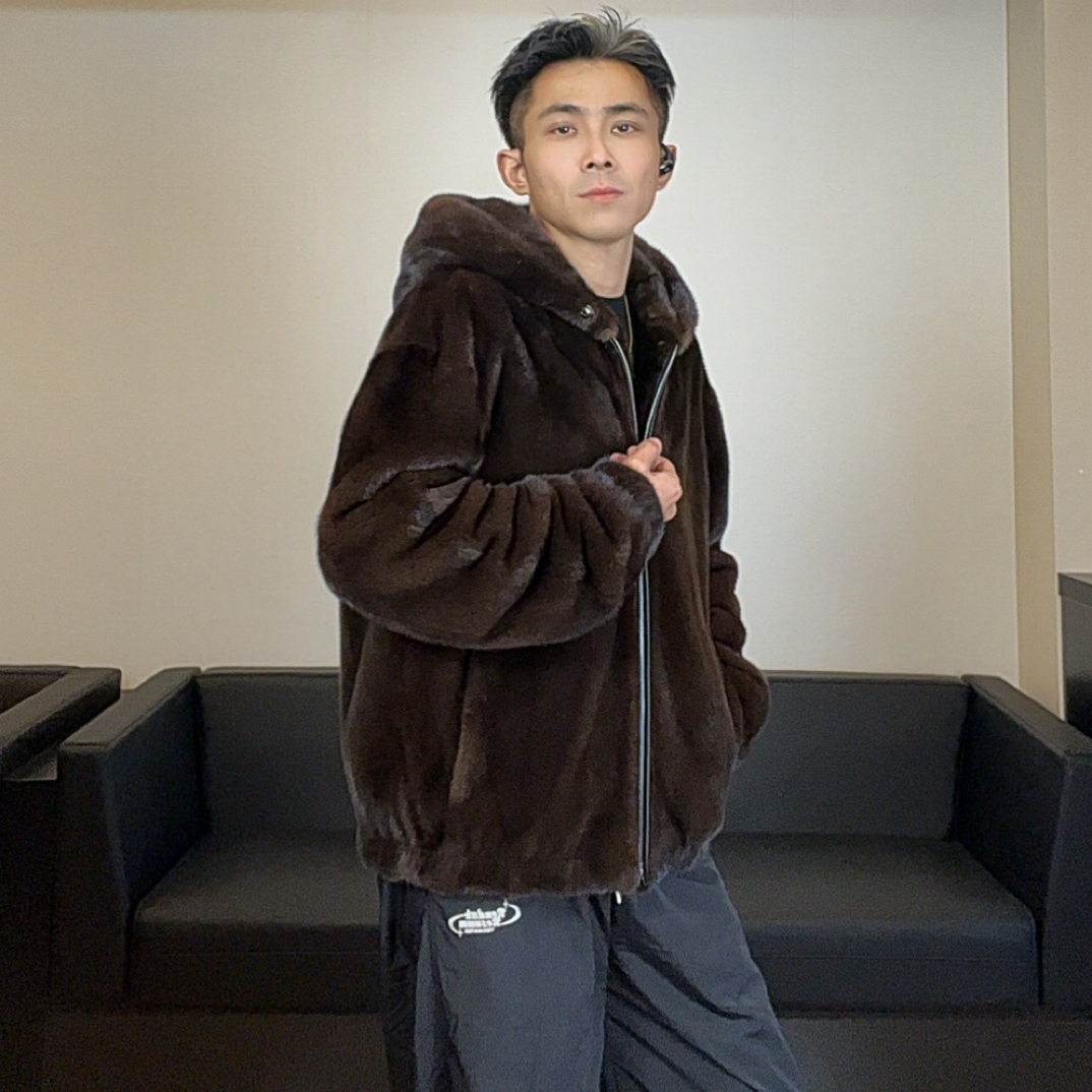 本色马哈根紫金短二整貂皮连帽貂皮大衣男士时尚休闲潮流款冬季
