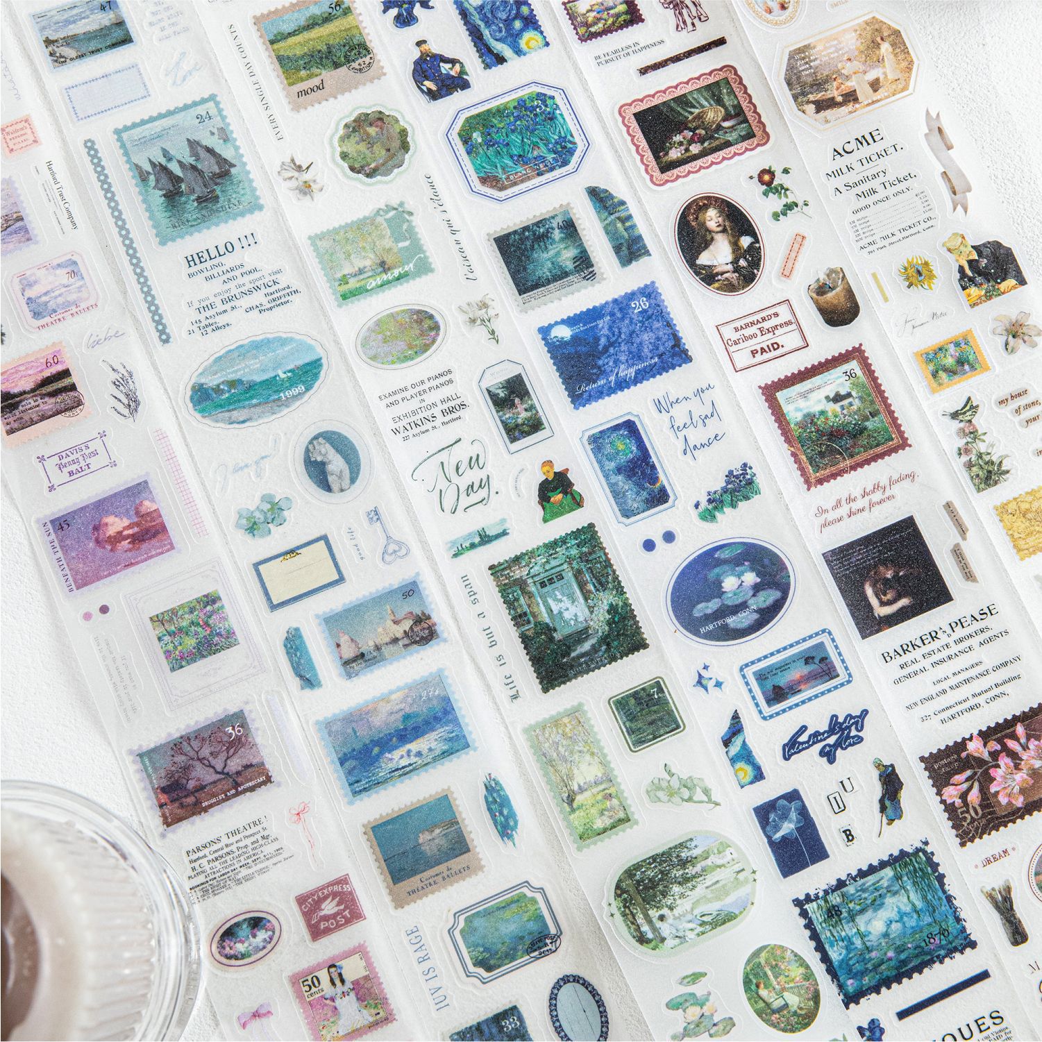 陌墨闪砂PET模切胶带 漫邮画集 复古油画英文素材diy手账手机壳贴