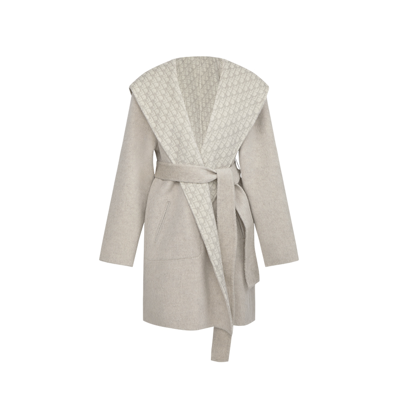 迪奥名莎25秋冬中长款双面呢外套系带连帽双面大衣系带