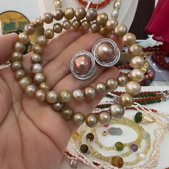 ****银S925镶嵌淡水珍珠耳饰极光巴洛克11.5加炫紫加怪色项链