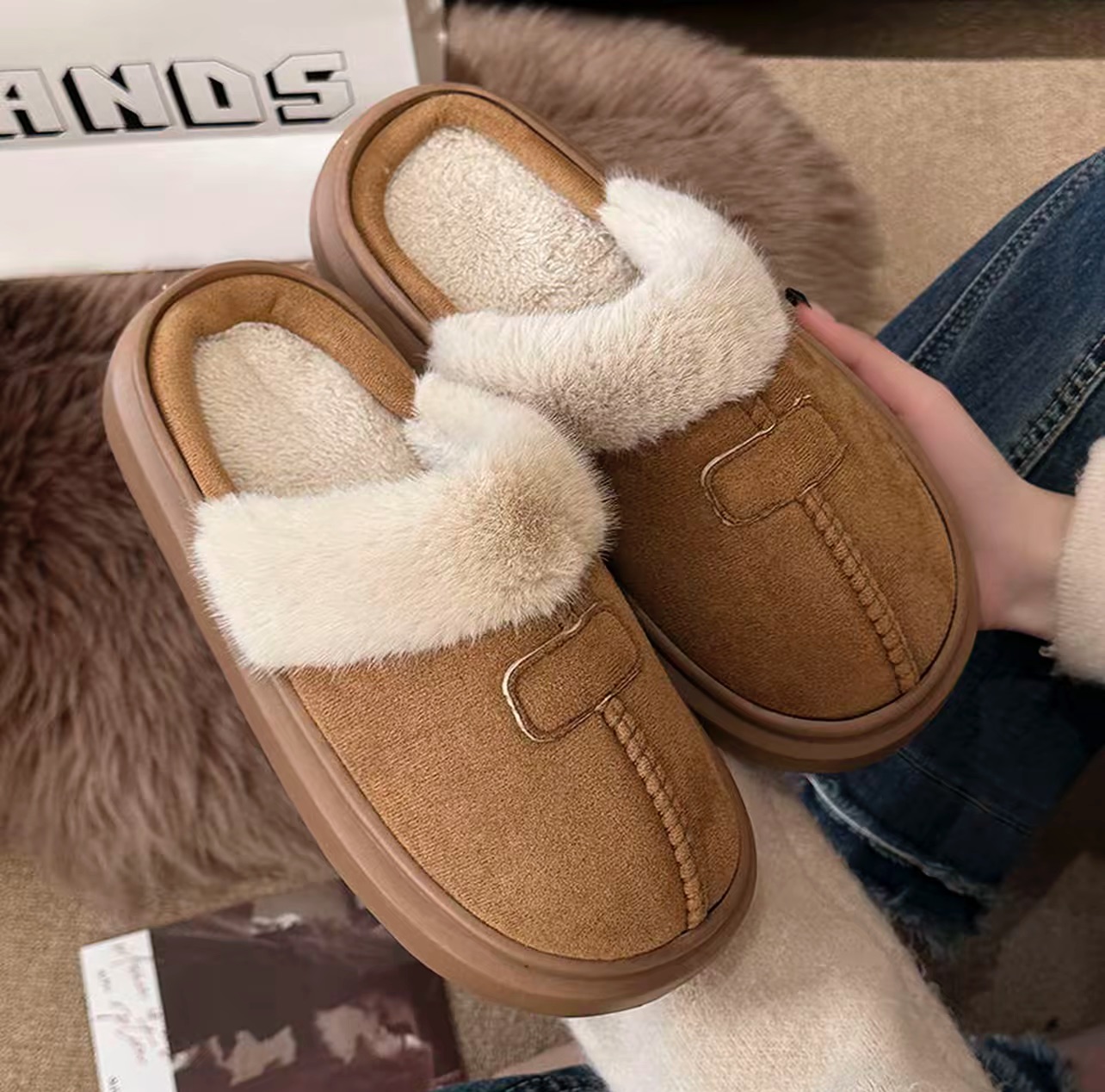 2025爆款女冬天毛毛棉拖鞋厚底网红韩版皮毛一体时尚棉拖外穿居家