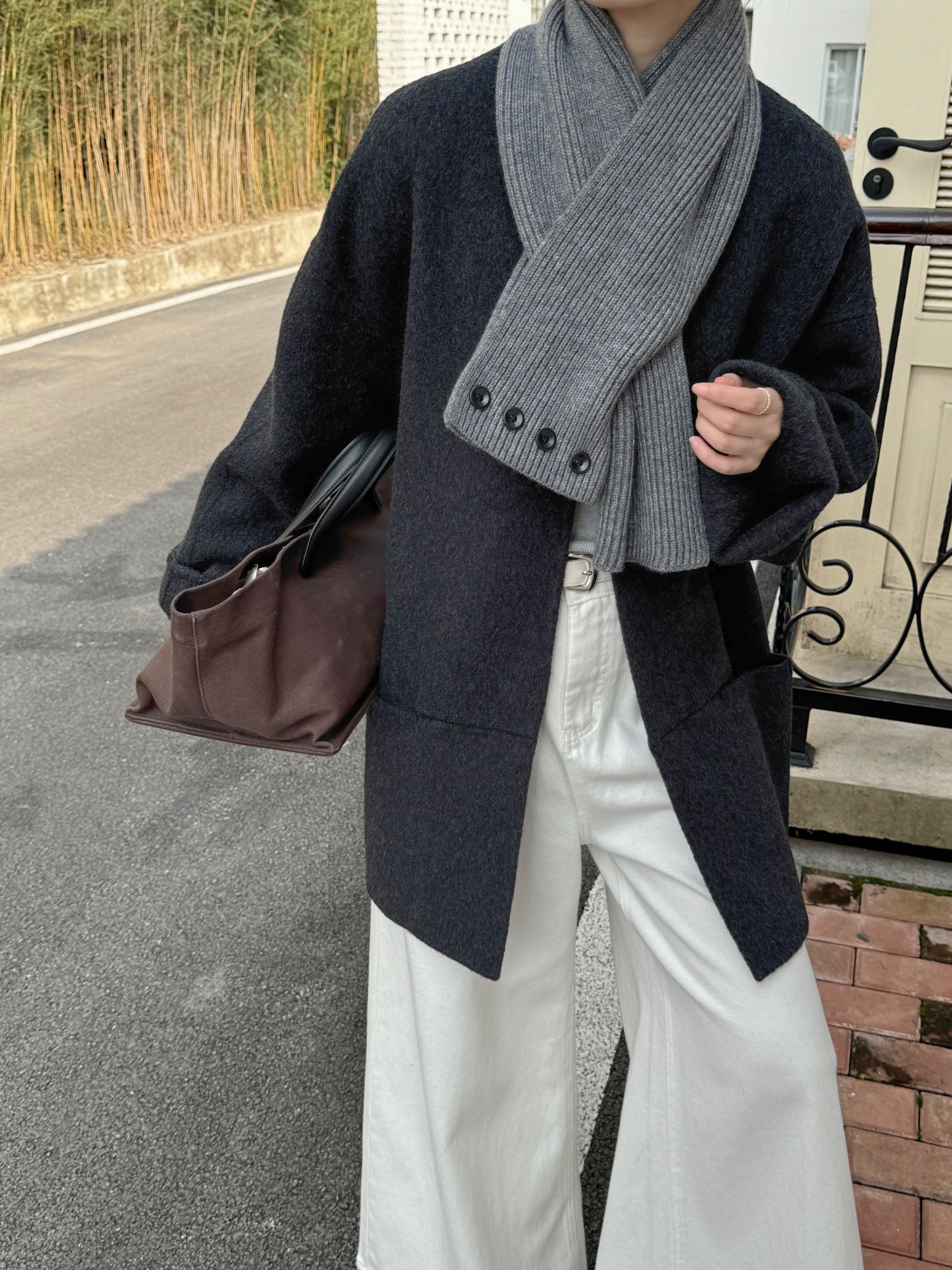 【露清专属】落肩袖少女风长款宽松型毛呢外套韩版时尚牛仔纯色8079