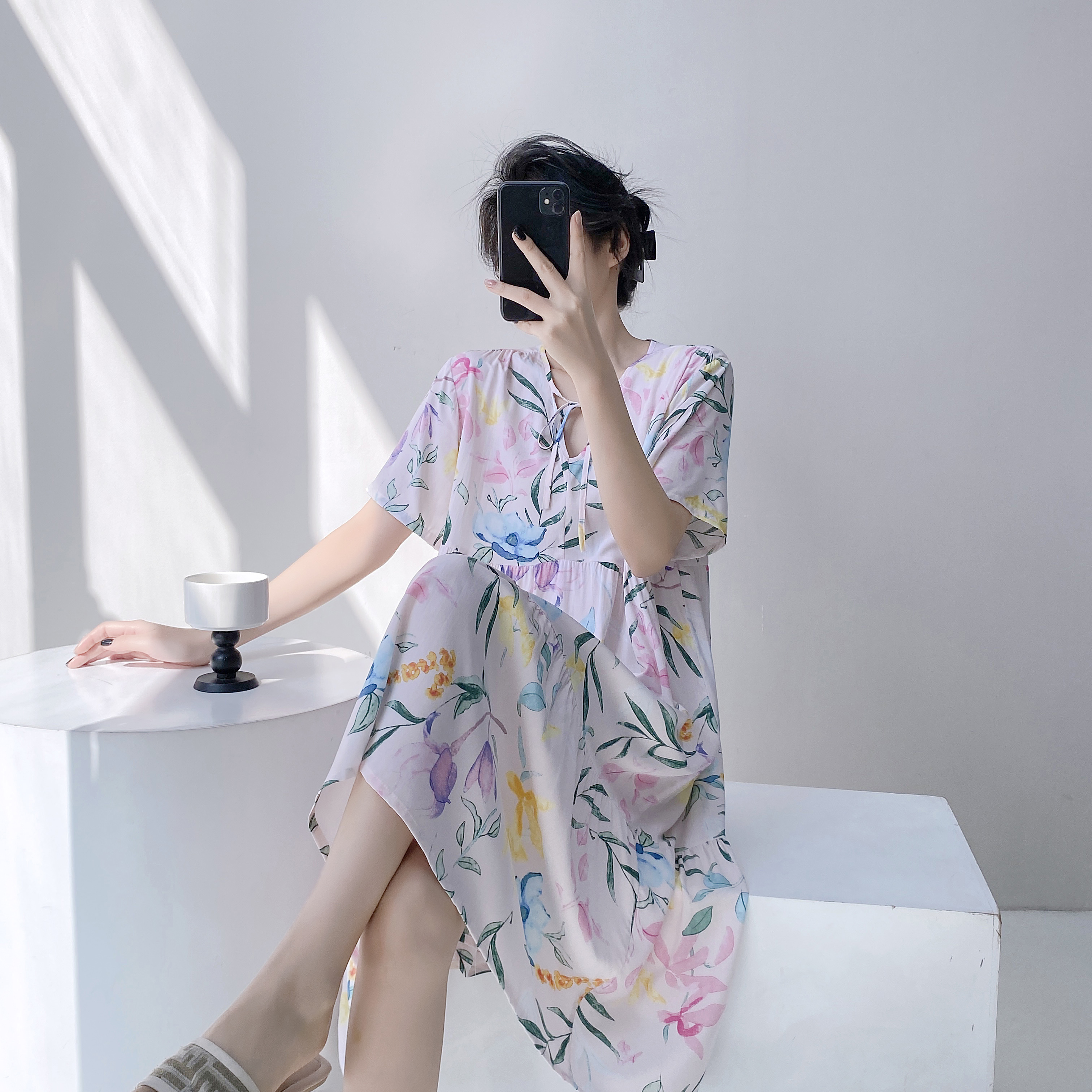 精梳绵绸【V领蝴蝶结】夏季新品高端睡裙舒适家居服可外穿1730~戴