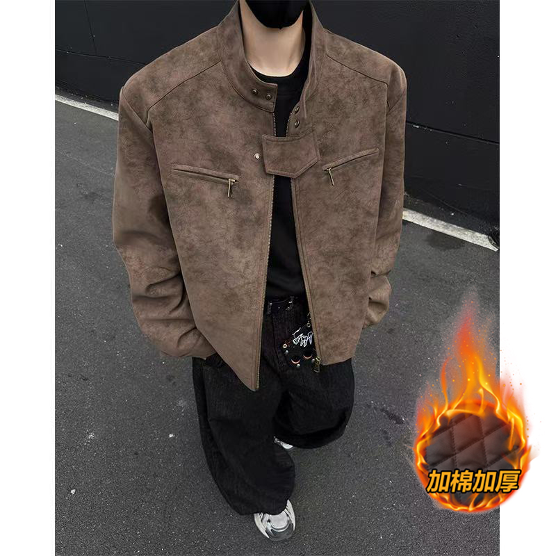 LIGGICC 扎染正肩皮衣外套男女秋冬立领夹棉加厚夹克美式复古棉服