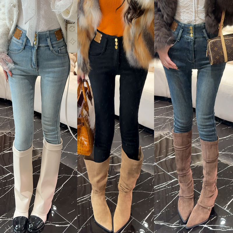 小雨姐姐【安妮神裤】休闲三扣简约牛仔修身显瘦小脚裤女冬季新款