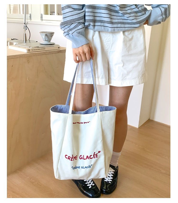 新款帆布包包单肩包时尚双面网红可折叠托特包条纹304麦可二店