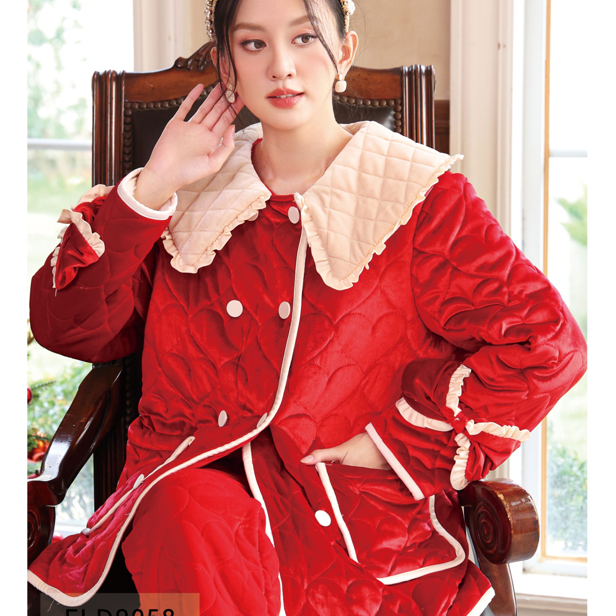 ALEX S.YU新品高端设计师款轻奢高雅家居服套装红色加厚保暖甜美