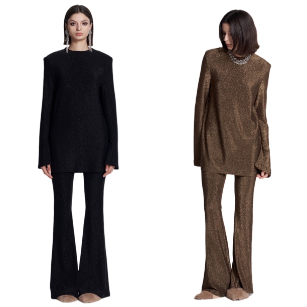 CORA&WYNN暗闪垫肩微喇袖气质裙装喇叭裤套装金银丝blingbling