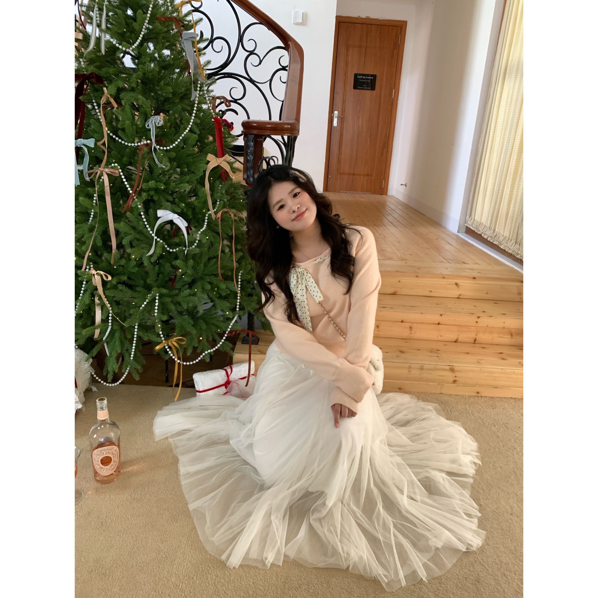 【甜巧布朗尼】大头婷丫丫微胖软糯糯波点蝴蝶上衣搭蕾丝长裙套装