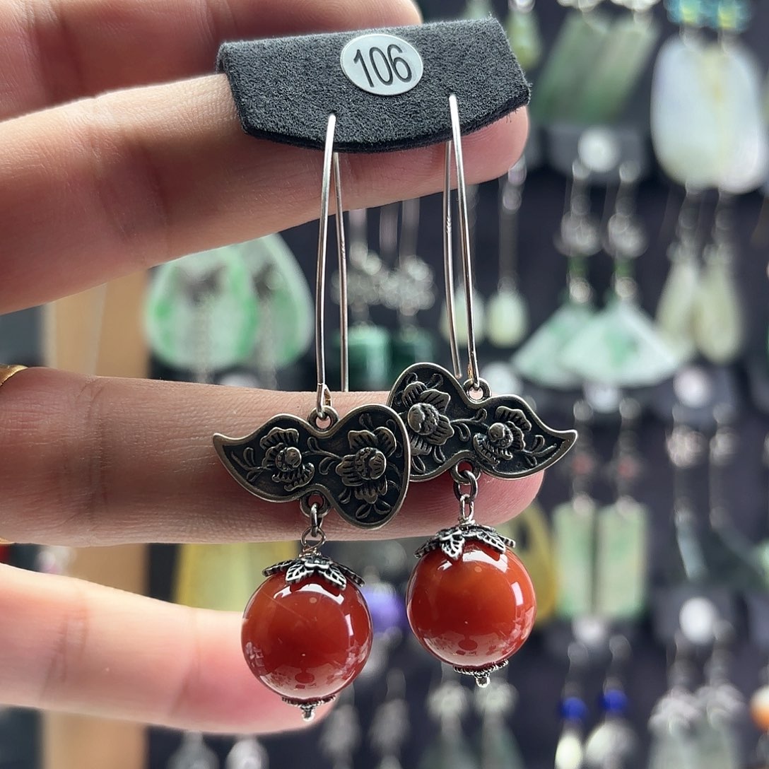 南红玛瑙耳饰银S925镶嵌霜*