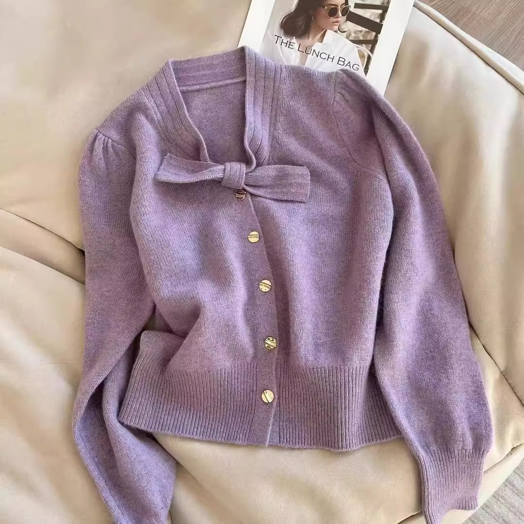 蝴蝶结领针织开衫外套女秋冬新款小香风短款毛衣设计款洋气上衣