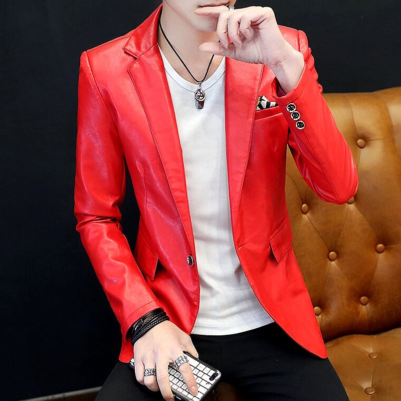 男士个性潮牌红色小皮衣男精神小伙夜场pu皮小西装发型师骚气外套