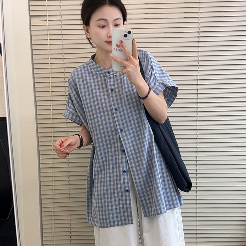复古日系圆领格子衬衫女夏季薄款休闲宽松慵懒风衬衣百搭气质上衣