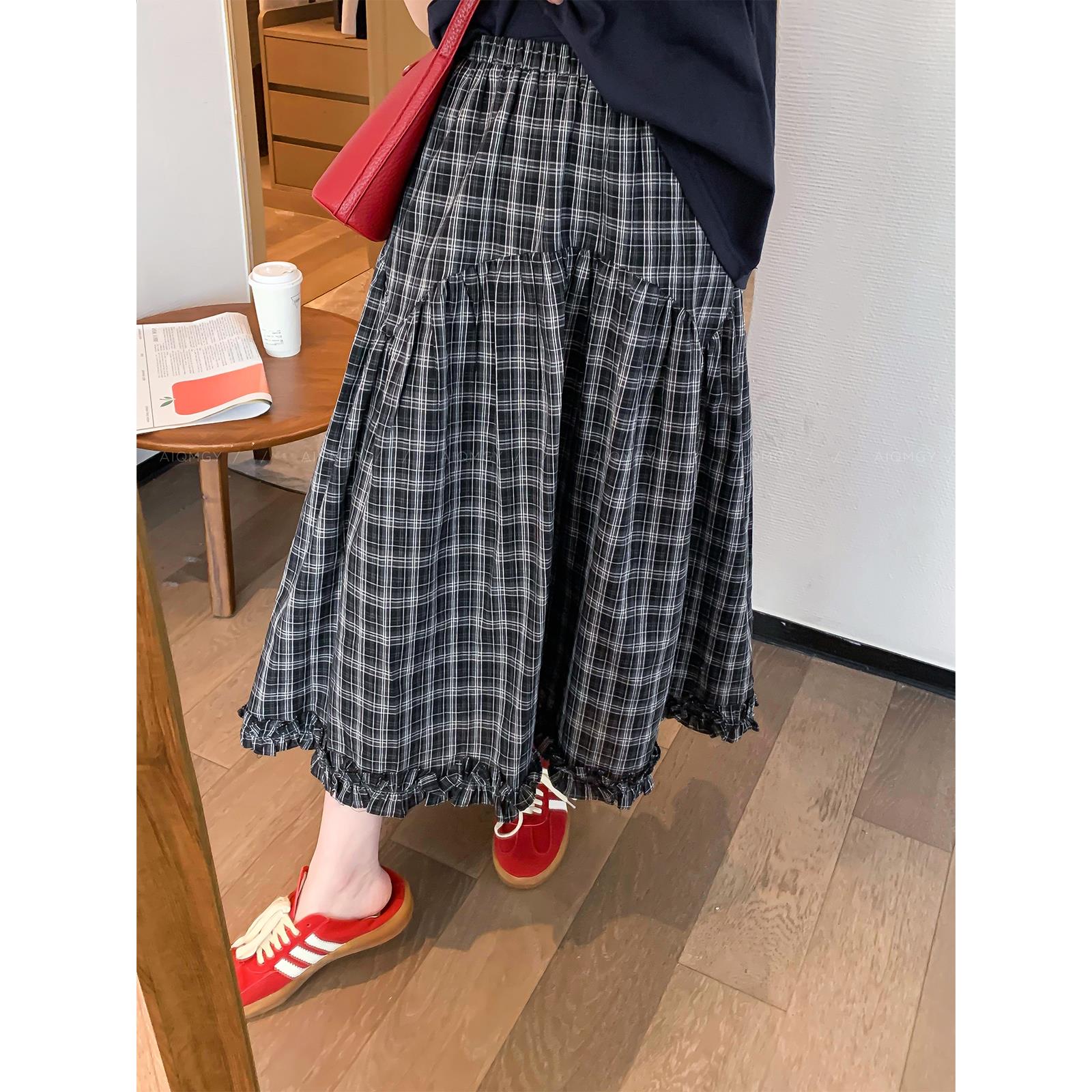 黑色格纹半身裙女秋季新款中长款高腰a字裙宽松显瘦文艺大摆长裙