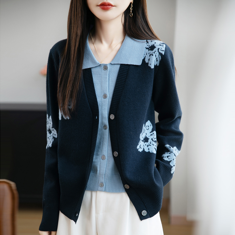正品羊毛衫女秋冬新款时尚百搭宽松雪绒花假两件短款针织开衫上衣