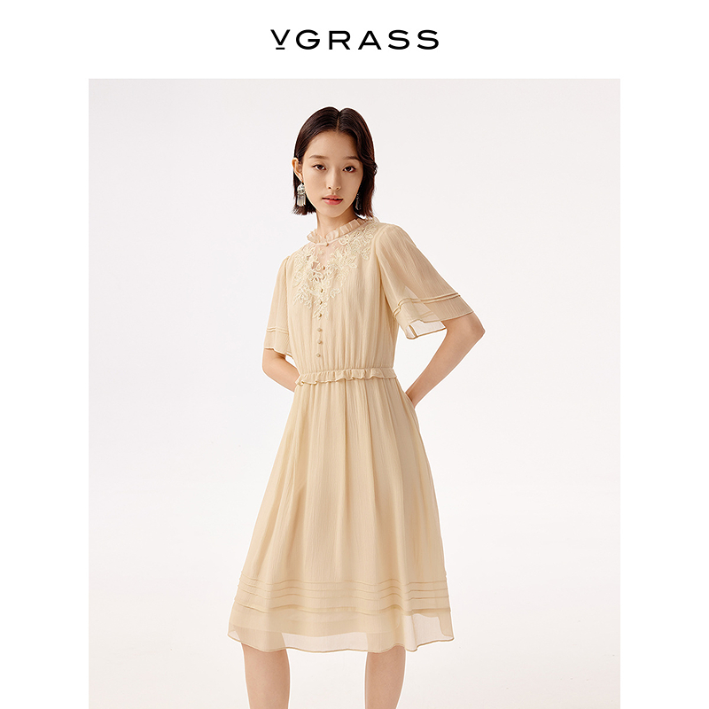 VGRASS蕾丝刺绣收腰连衣裙25年夏季新款12MM乔其裙子VSL2Q2614A