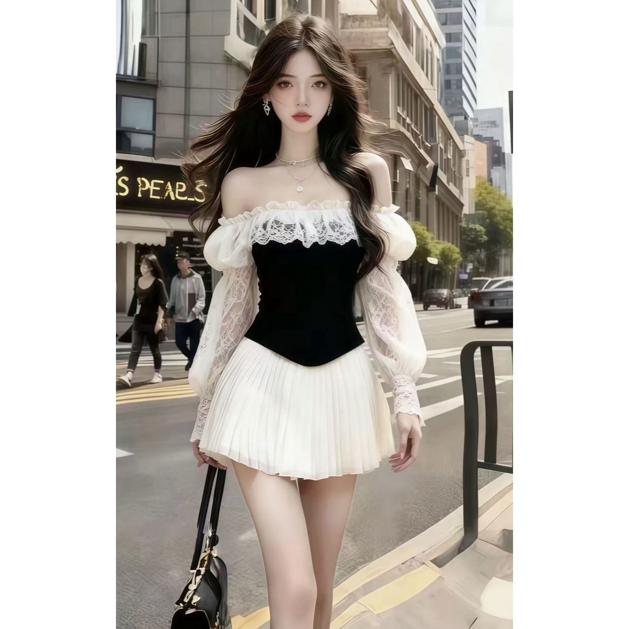 轻奢显瘦日常通勤极简风撞色一字肩露肩蕾丝长袖高腰百褶连衣裙女