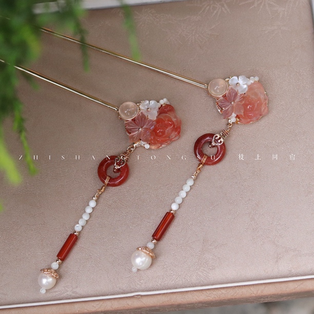 荷花碟贝白玛平安扣百搭日常旗袍汉服新中式流苏可拆卸发簪一支