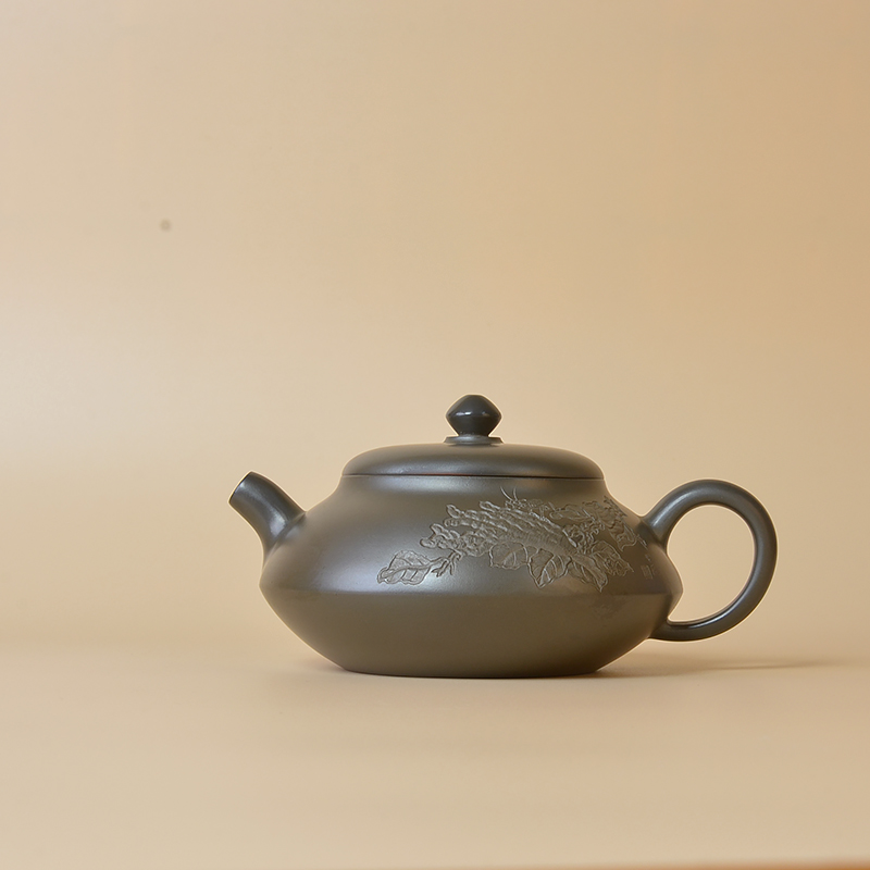 钦州坭兴陶合欢佛手瓜精工雕刻小品功夫牛盖筋纹茶具泥壶陶壶圆壶