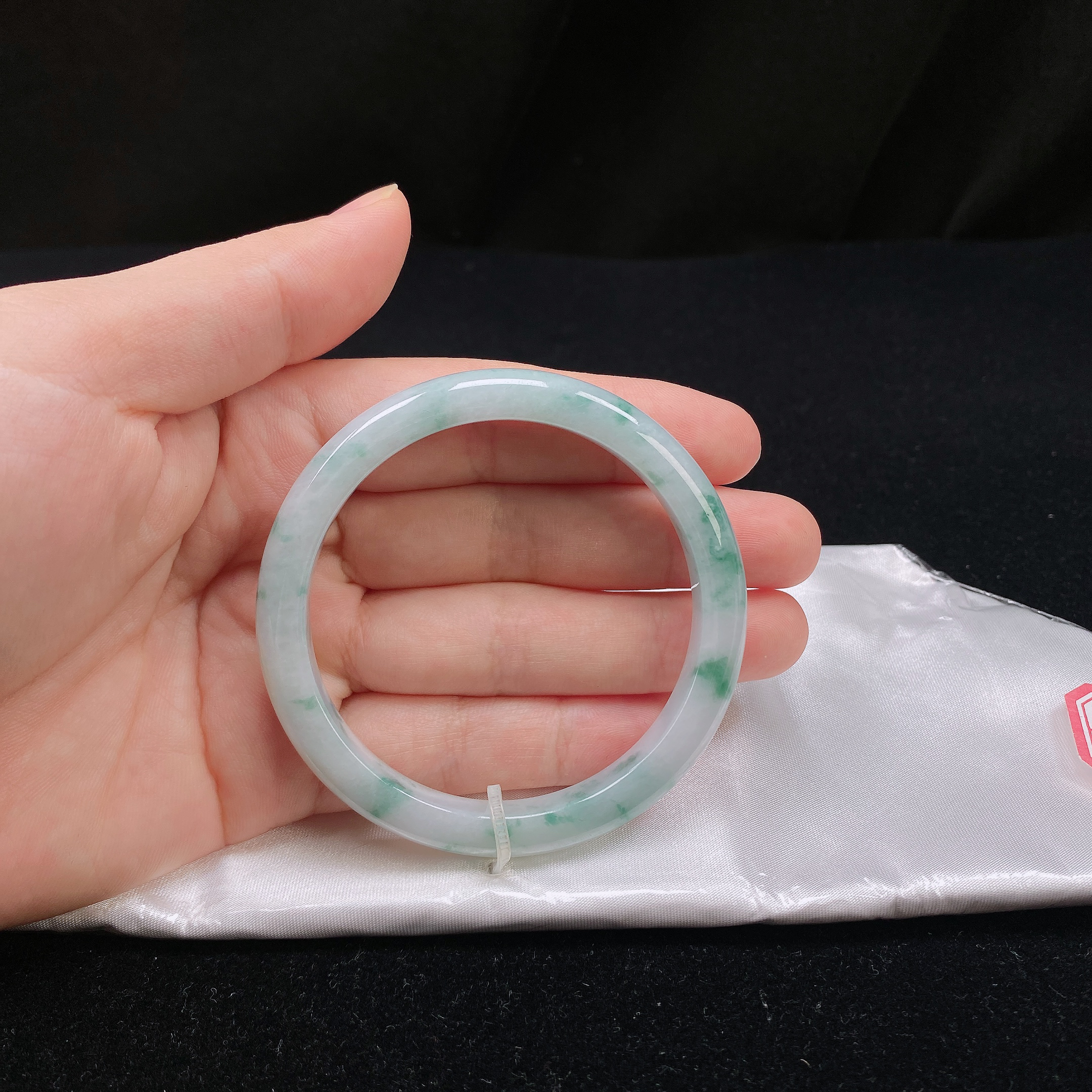 54圈口缅甸翡翠A货老坑细糯种绿底飘蓝花窄条正圈玉镯子正品珠宝