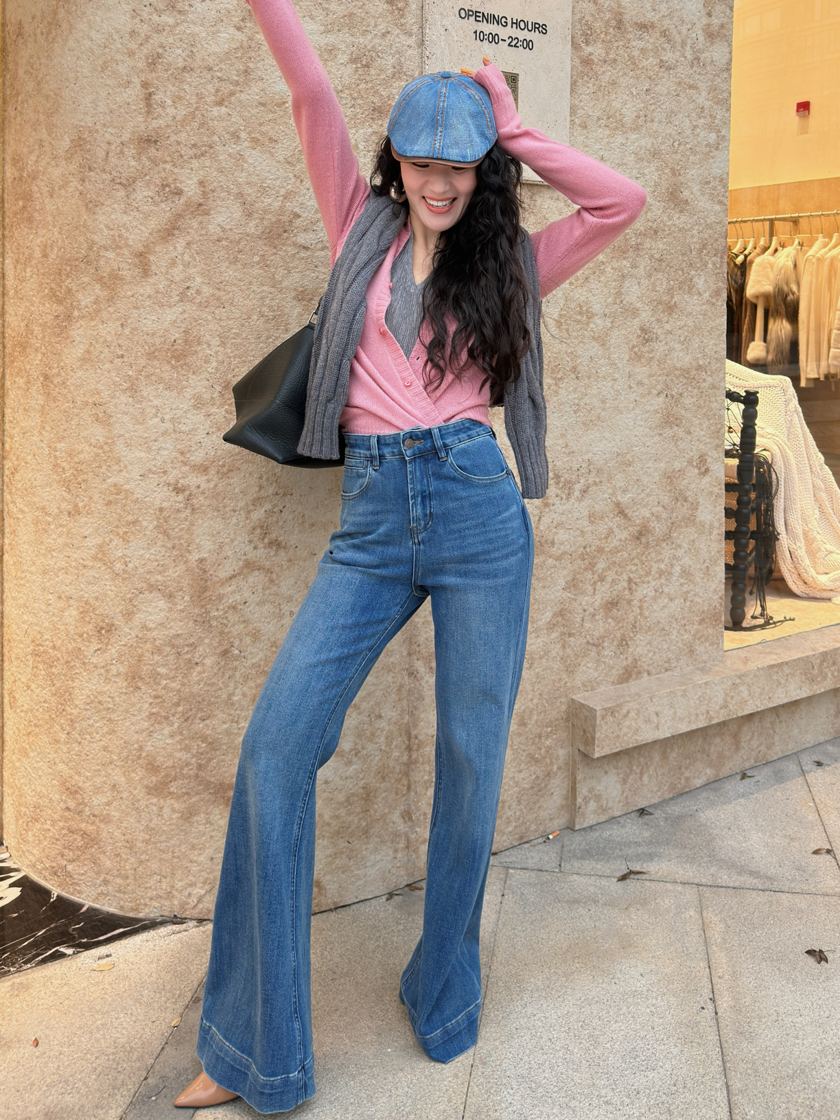 MIRROR【涛姐精选】蓝色宽边下摆微喇牛仔裤裤子高腰