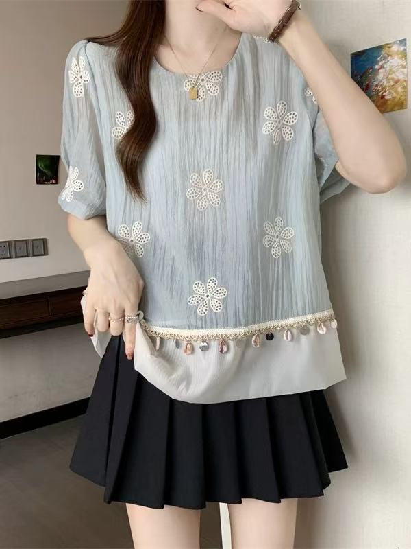高端欧货新款圆领立体提花刺绣镂空吊坠雪纺拼接短袖