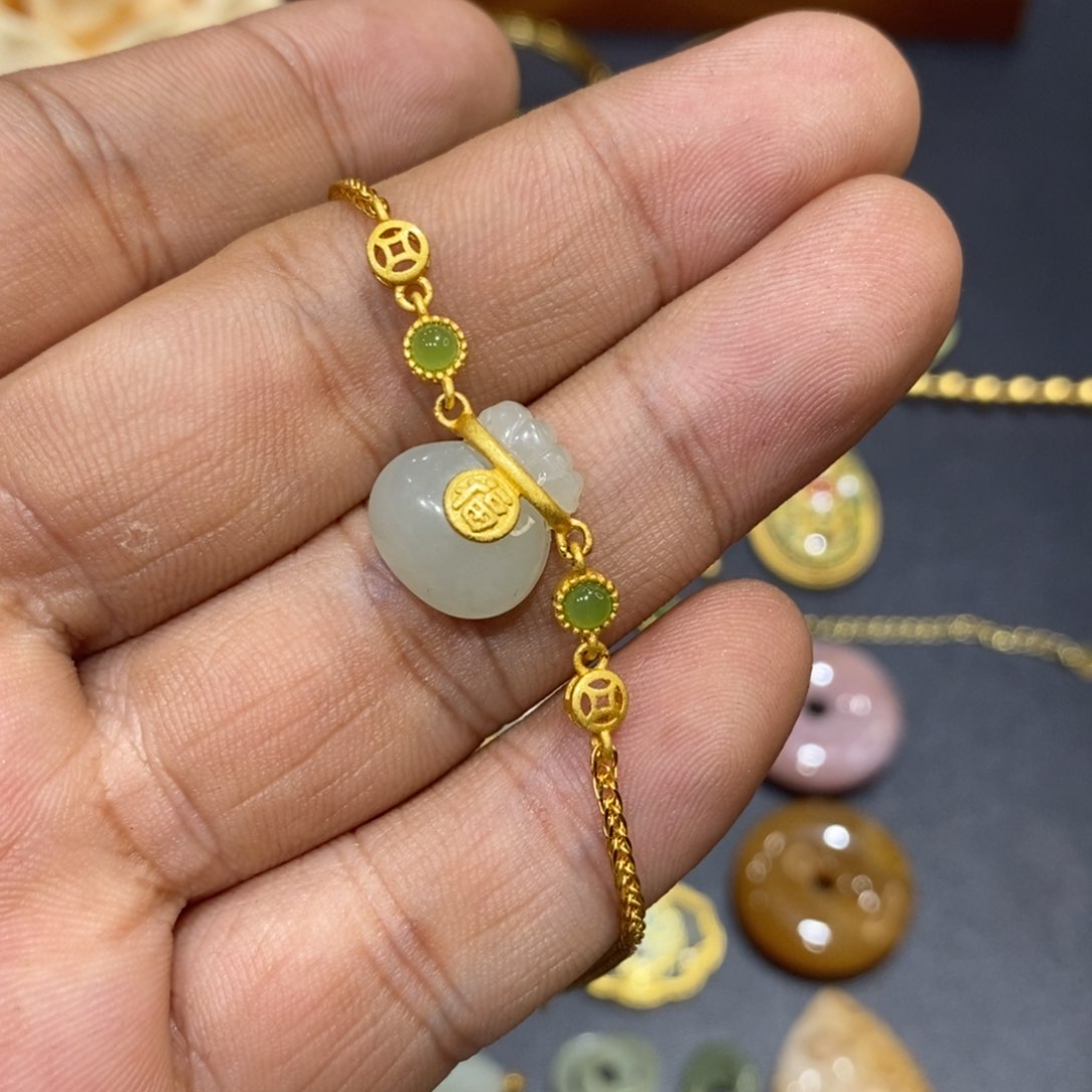 和田玉手链银S925镀金镶嵌