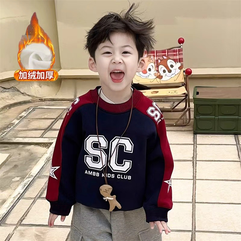男童加绒卫衣机车款秋冬新款儿童男孩加厚一体绒保暖时尚上衣冬装