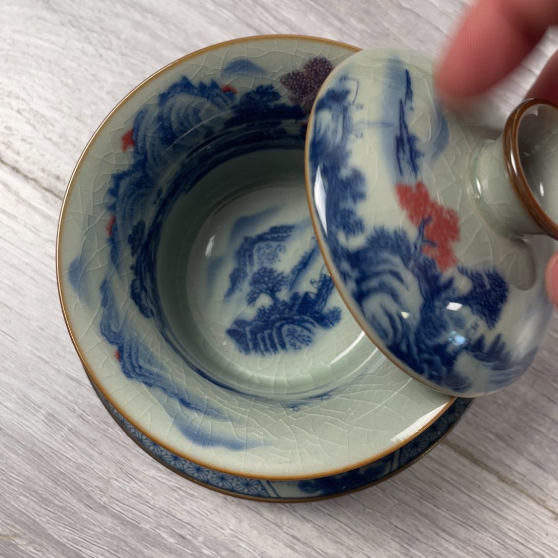 杯富春山居图马蹄盖碗微瑕