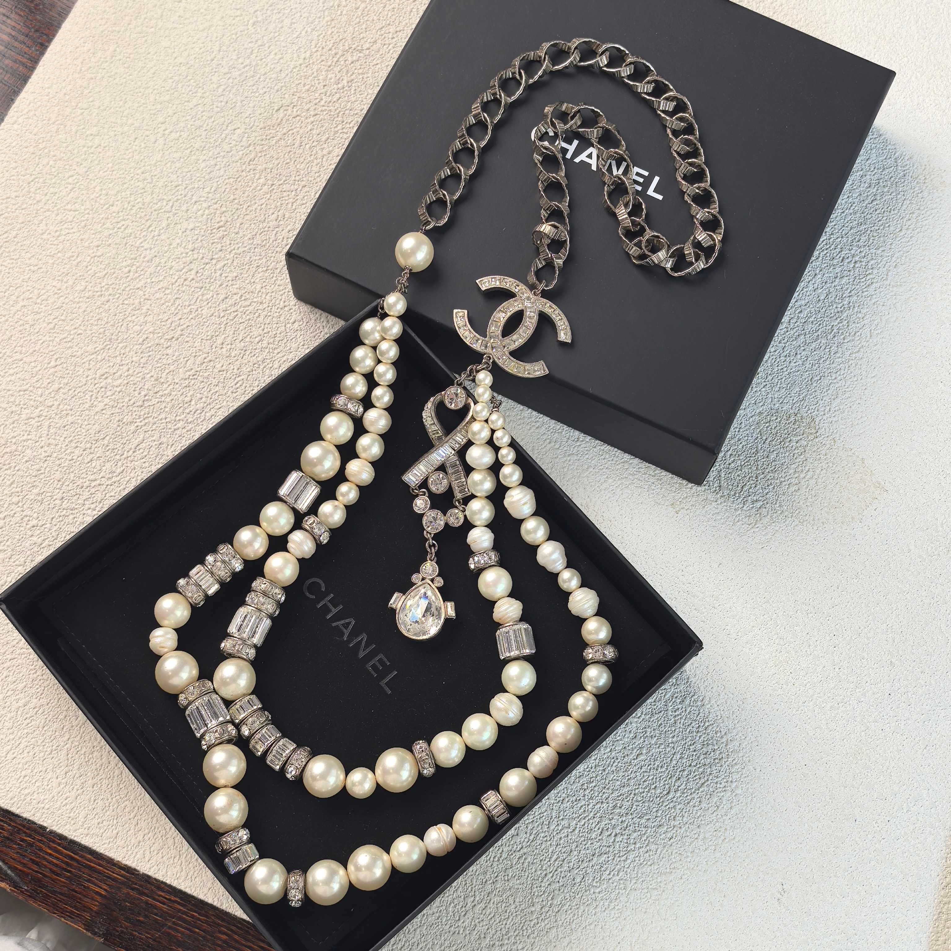 95新 Chanel/香奈儿 泡泡中古Chanel银色满钻双层珍珠项链