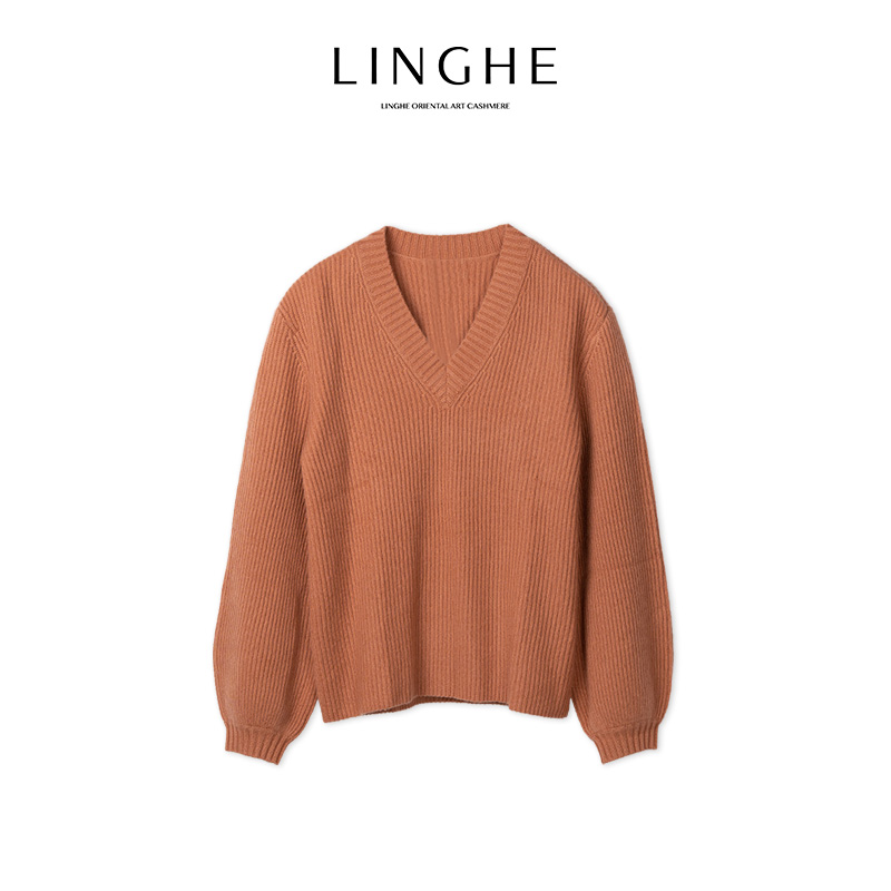 翎禾LINGHE-慵懒加厚羊绒针织上衣百搭V领长袖套头衫