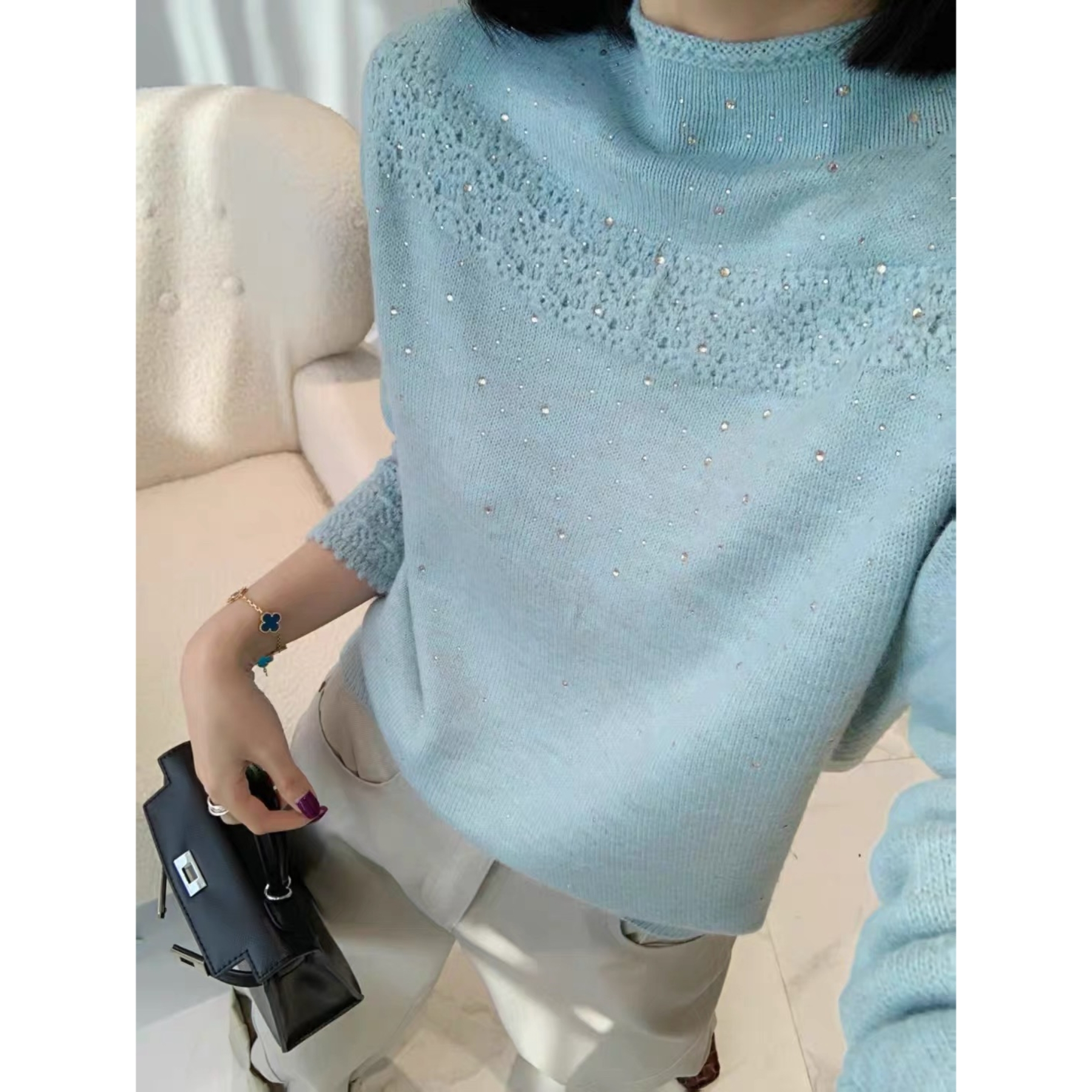 【萱萱精选】浣熊绒小半高领卷边满天星钩花毛衫8387（衣长56左右）