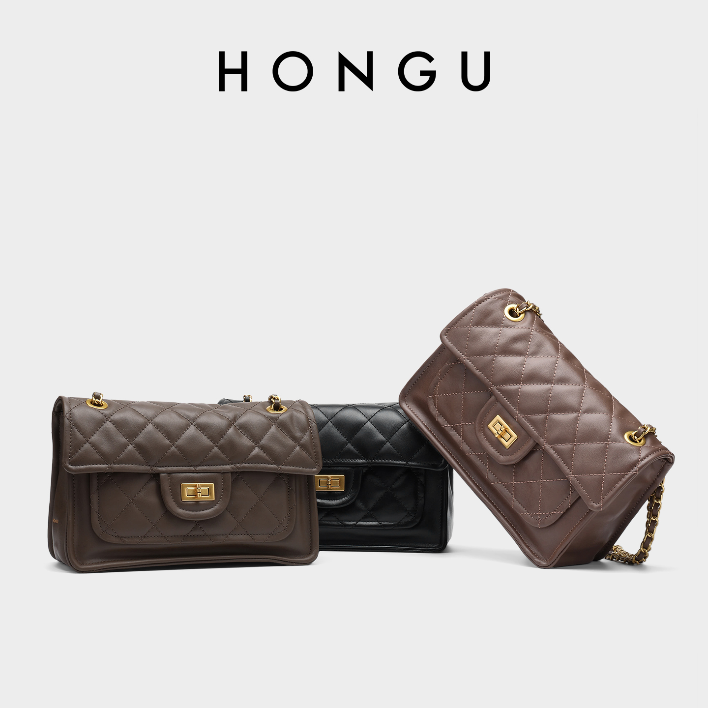 HONGU/红谷【专柜新款】牧菱系列头层牛皮小香风时尚菱格单肩斜挎包