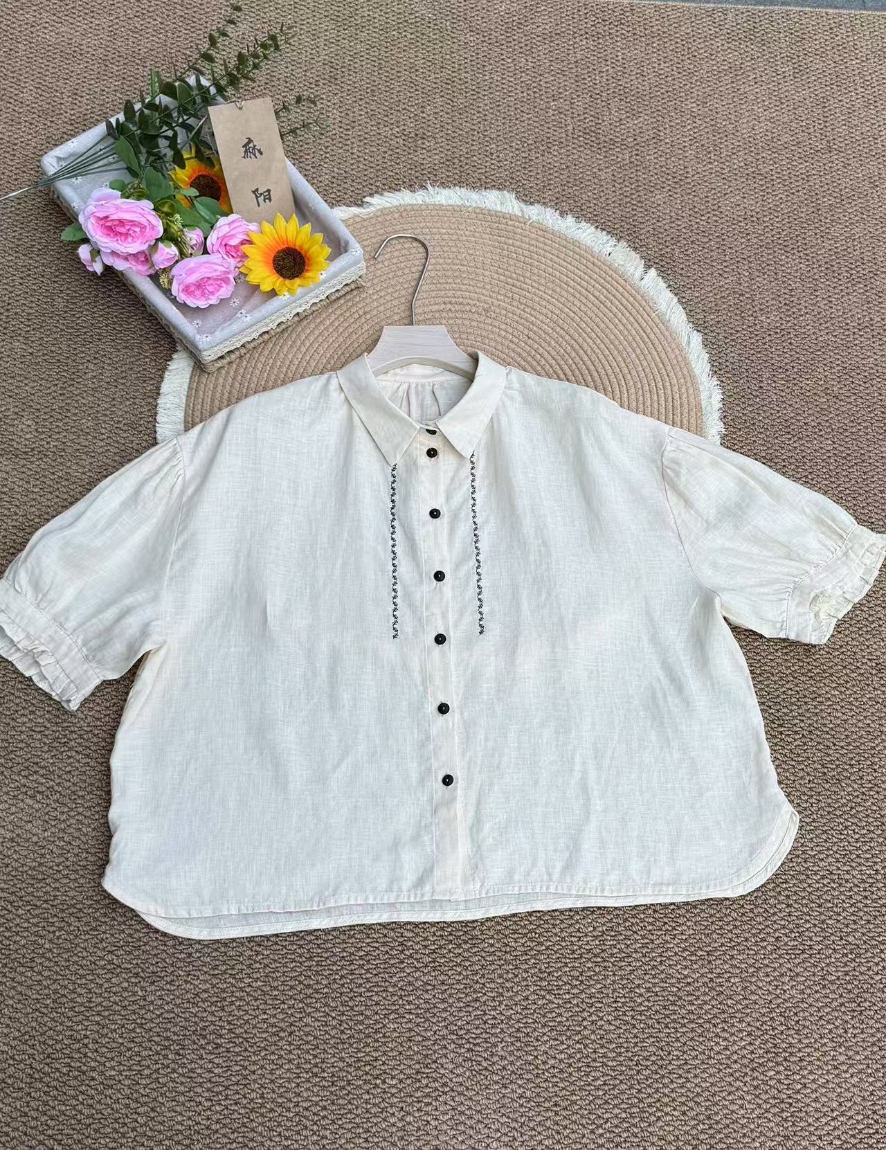 小众风格亚麻衬衫净版纯色上衣女文艺翻领刺绣开衫衬衣MY 0032