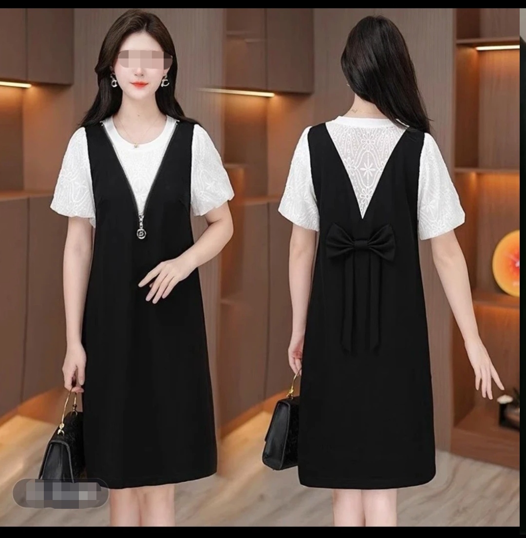 《大亭家》夏季遮肚子显瘦假两件蝴蝶结时尚气质连衣裙