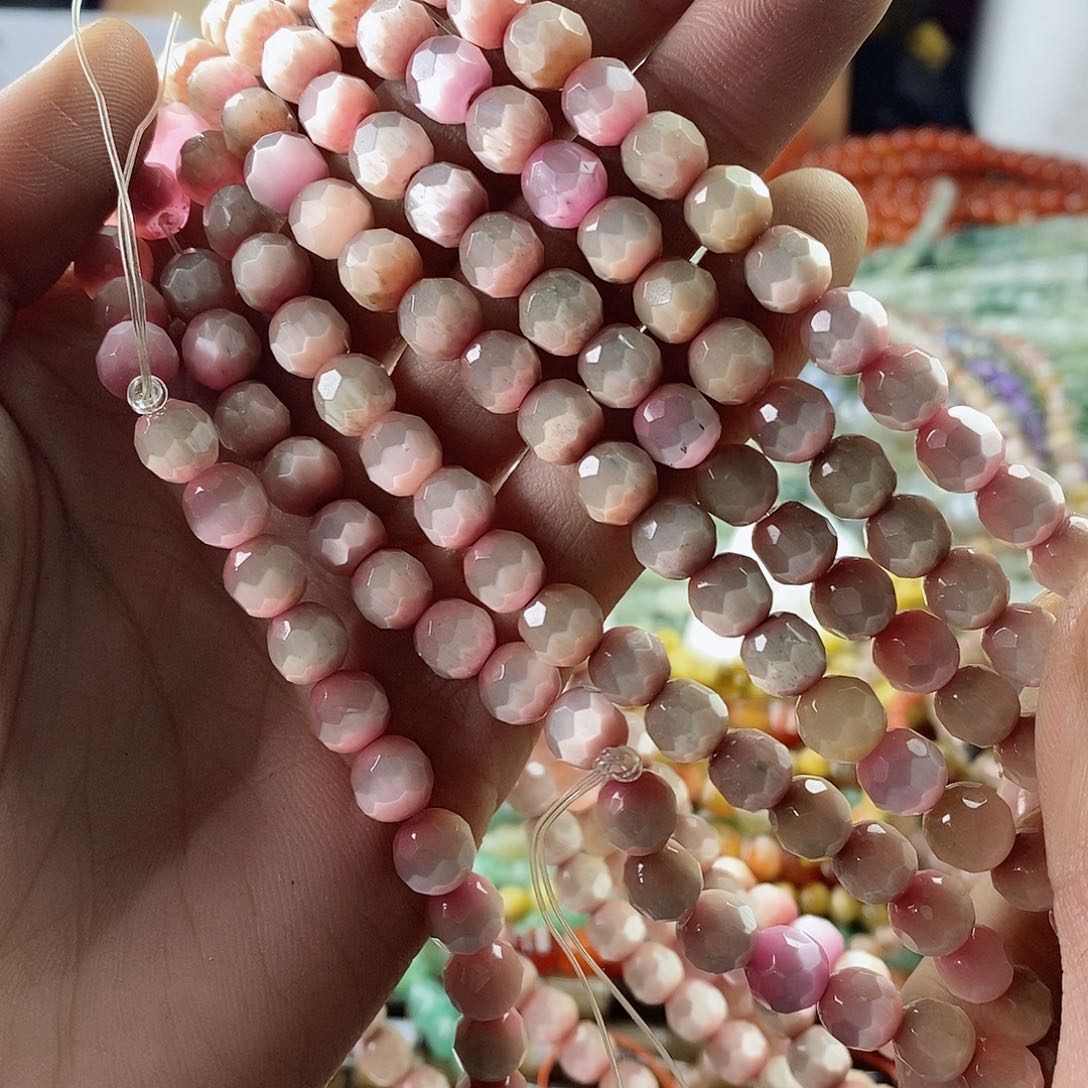 玛瑙/玉髓珠宝半成品合金一条7.5mm粉猫眼切面圆珠E75