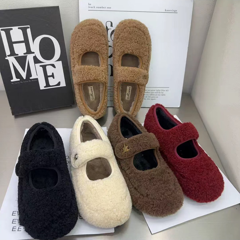 2025年秋冬新款保暖魔术贴豆豆鞋女时尚休闲复古平底玛丽珍毛毛鞋