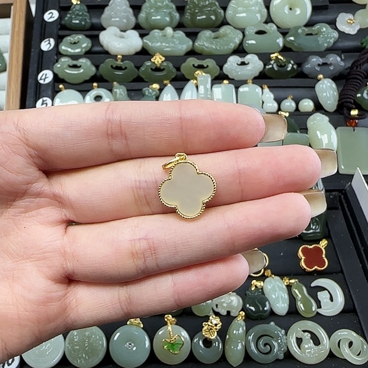 和田玉吊坠(不含链)银S925镶嵌加链子加小皮绳