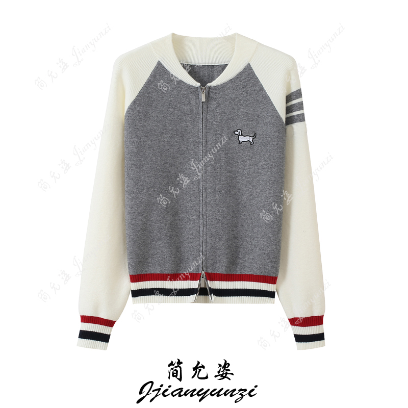 韩系拼色设计感小狗刺绣拉链针织开衫女秋冬季学院风减龄毛衣外套