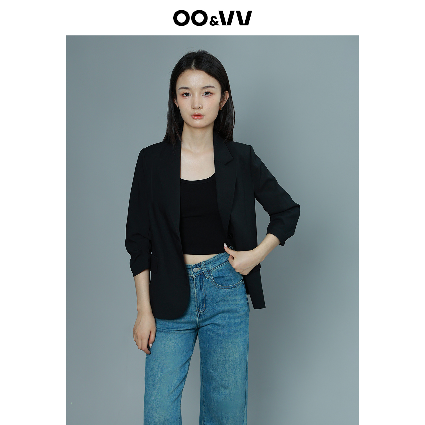 OO&VV黑色休闲西装外套女2025秋季新款高级感短款时尚简约上衣