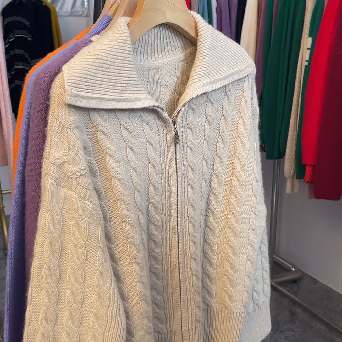 双拉链 高领 麻花 羊绒 开衫