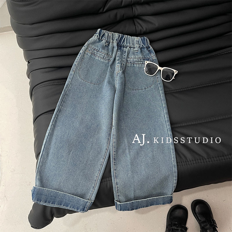 阿卷2025春秋装韩版儿童时尚个性口袋休闲复古牛仔裤MPG5624-PP3