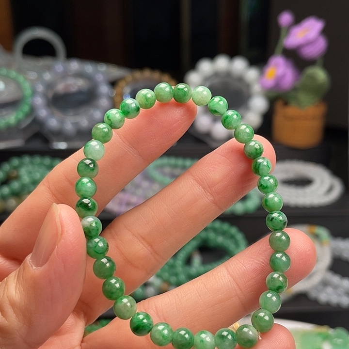 翡翠未镶嵌手链卡5+绿手串