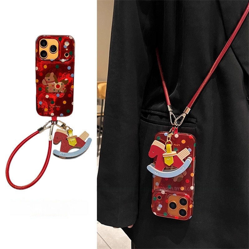 新年款红波点小马适用iphone17promax苹果16p手机壳15挂件14手绳