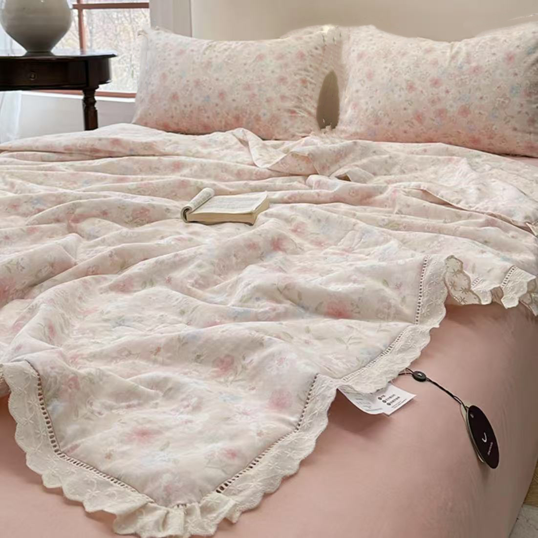 【蜜桃四季春夏凉被花边四件套】200*230四季柔软透气夏凉四件套