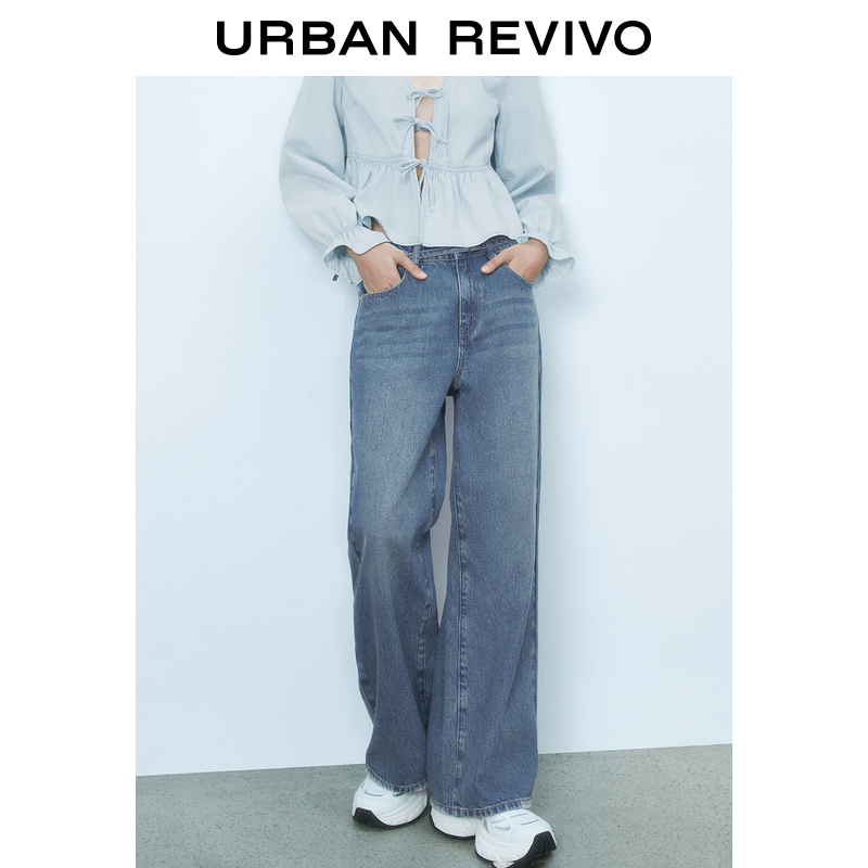 UR2025春季新款女装欧若风复古水洗系带猫须牛仔长裤UYY850053#