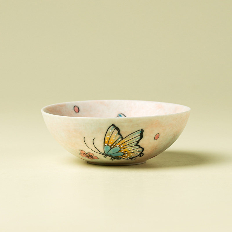 赞朴岩矿柚粉茶杯主人杯陶瓷纯手绘花中蝶普洱杯家用单个喝茶茶盏