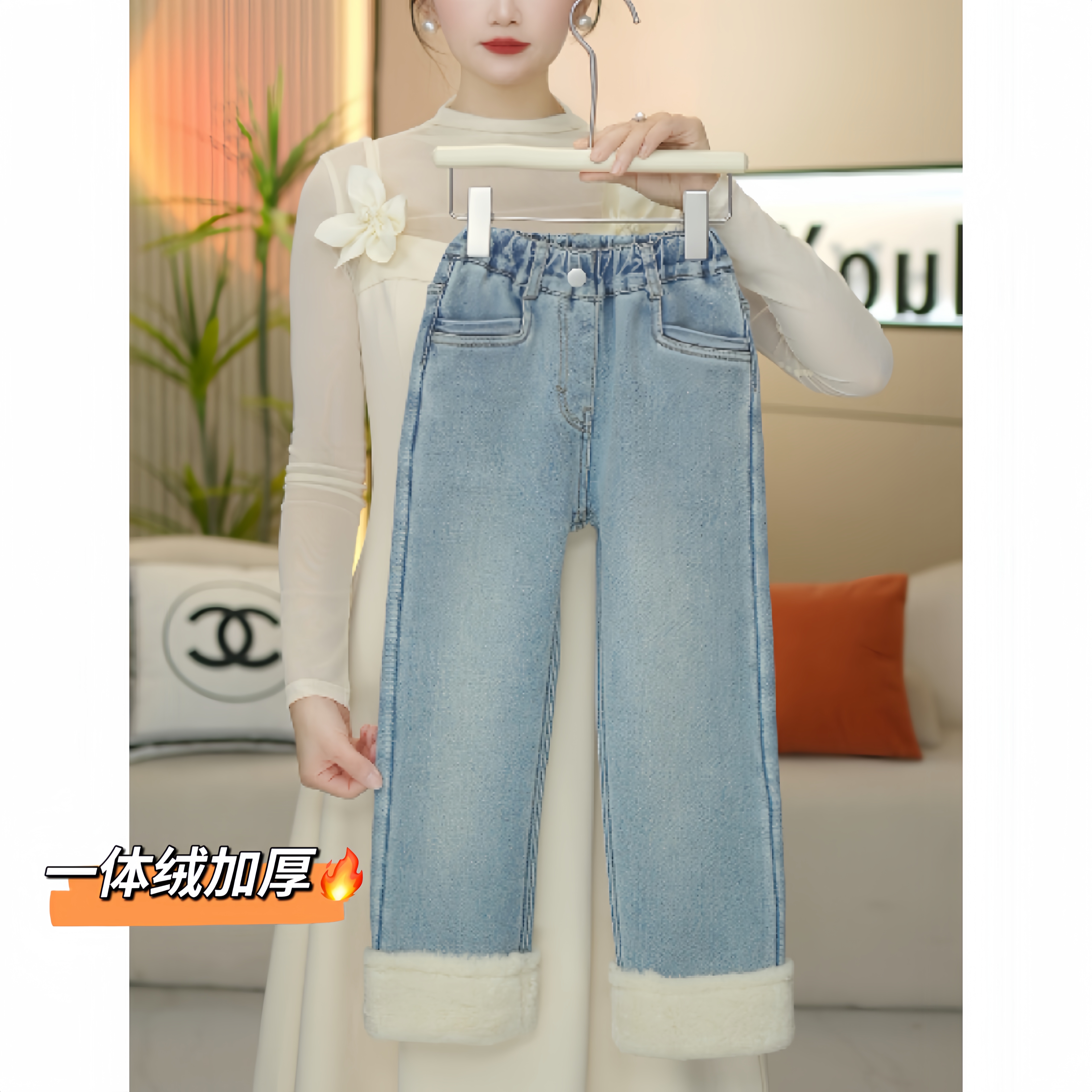 女童2025冬季新款一体绒加厚牛仔烟管裤直筒裤-3136